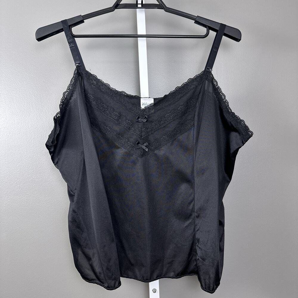Vintage Velrose Camisole Cami Shirt Size 4X Black 100% Nylon Wide Lace Top Bows